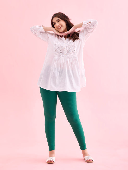 Bottle Green Drop Needle Fabric Rib Leggings