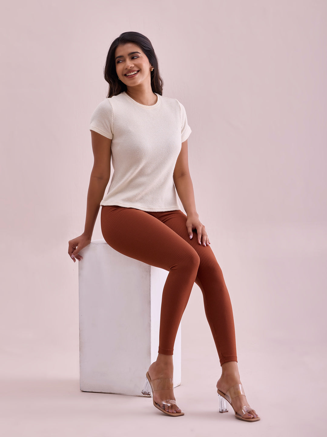 Dark Brown Drop Needle Fabric Rib Leggings