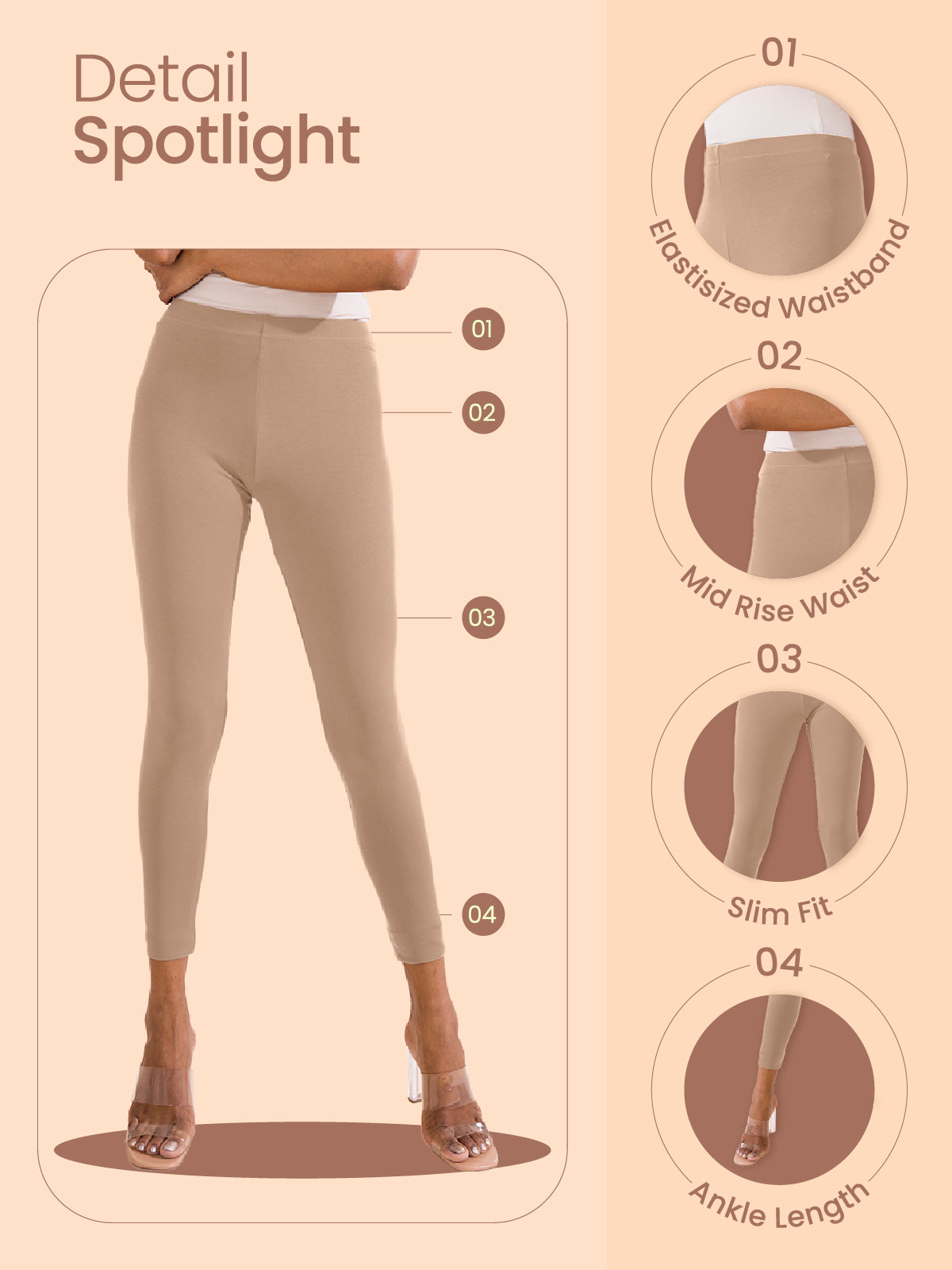 Dark Beige Cotton Stretch Ankle Length Leggings