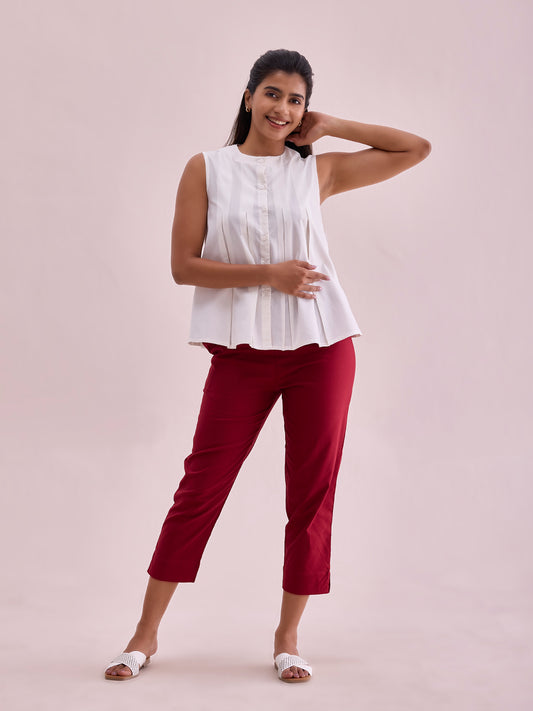 Maroon Cotton Cropped Pencil Pant