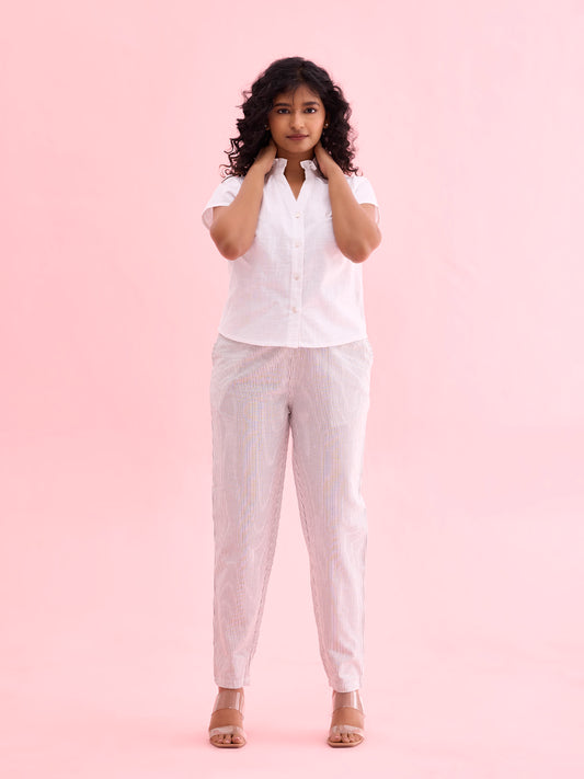 White Cotton Stripe Pencil Pants