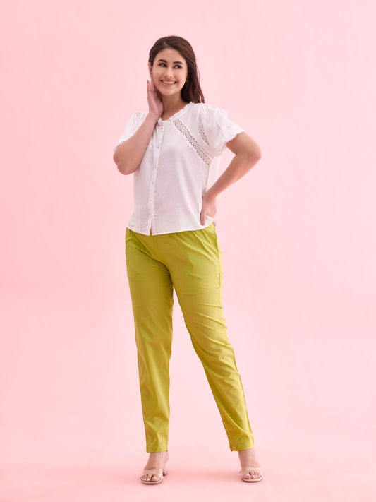 Pista Green Cotton Cambric Cotton Pants