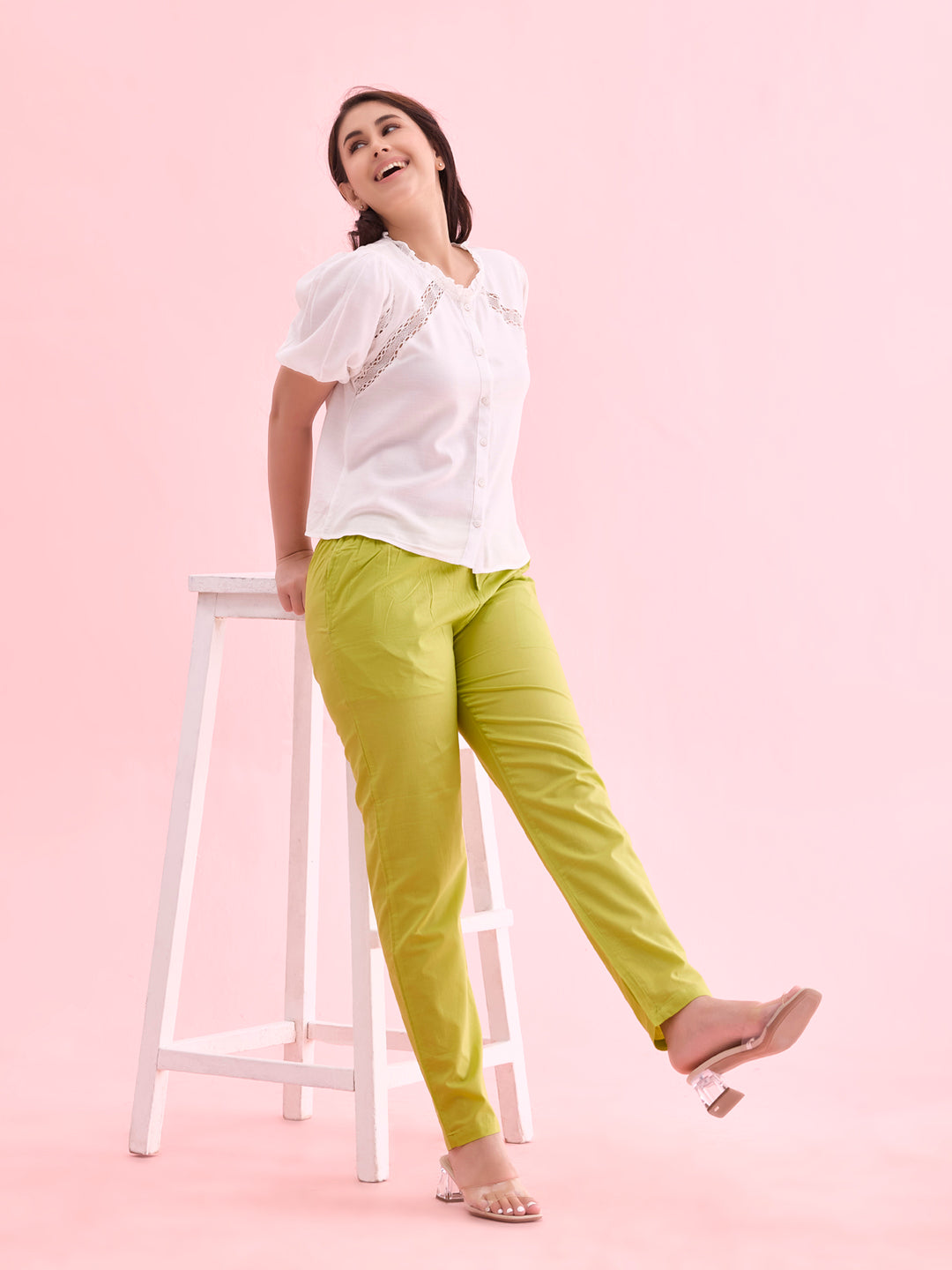 Pista Green Cotton Cambric Cotton Pants