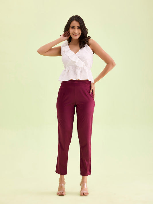 Dark Wine Polyester Shiny Pants
