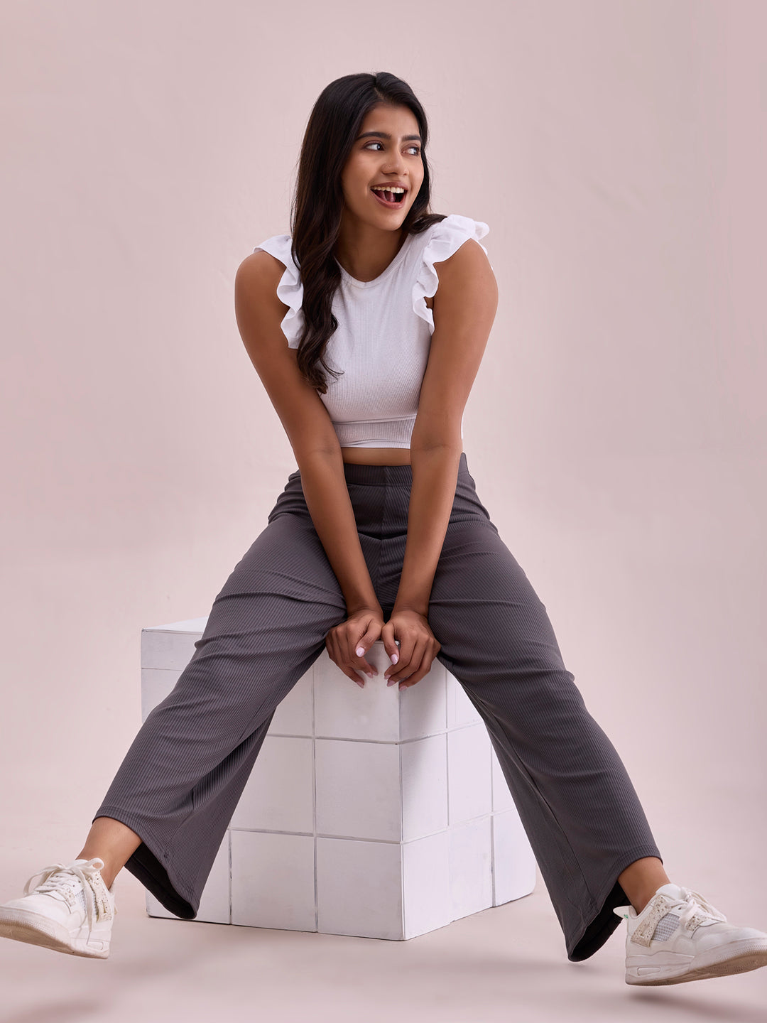 Silver Grey Drop Needle Fabric Rib Palazzo