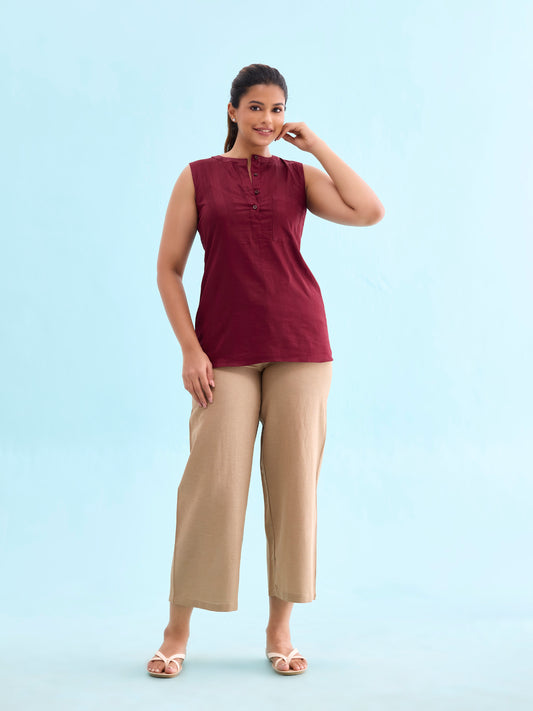 Beige Viscose Blend Linen Palazzos