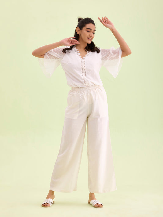 Cream Viscose Blend Linen Palazzos