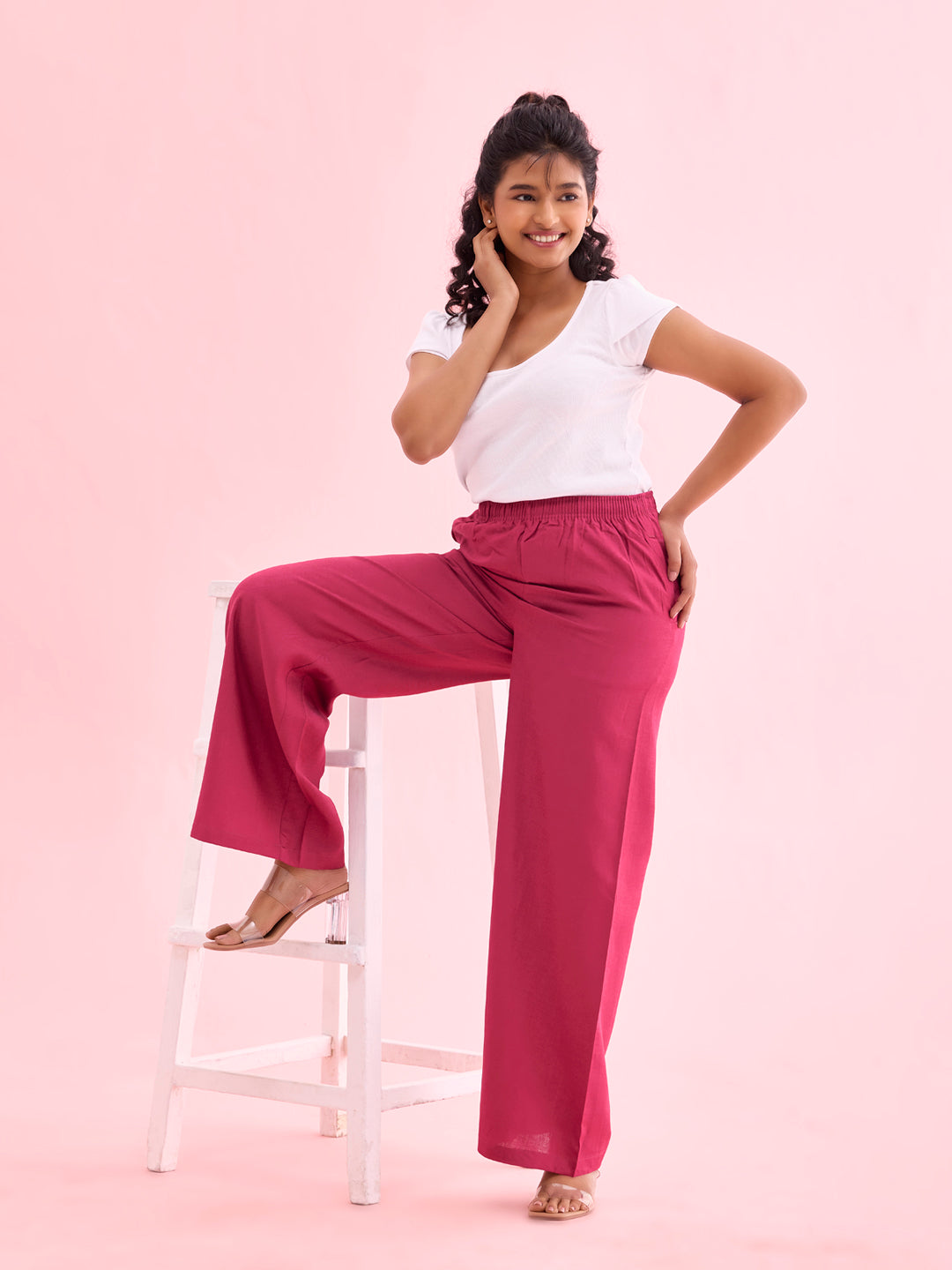 Dark Rose Viscose Blend Linen Palazzos