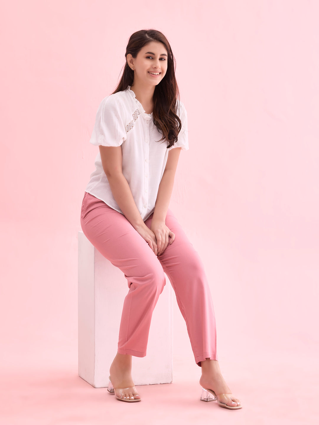 Dusty Pink Woven Viscose Casual Pants