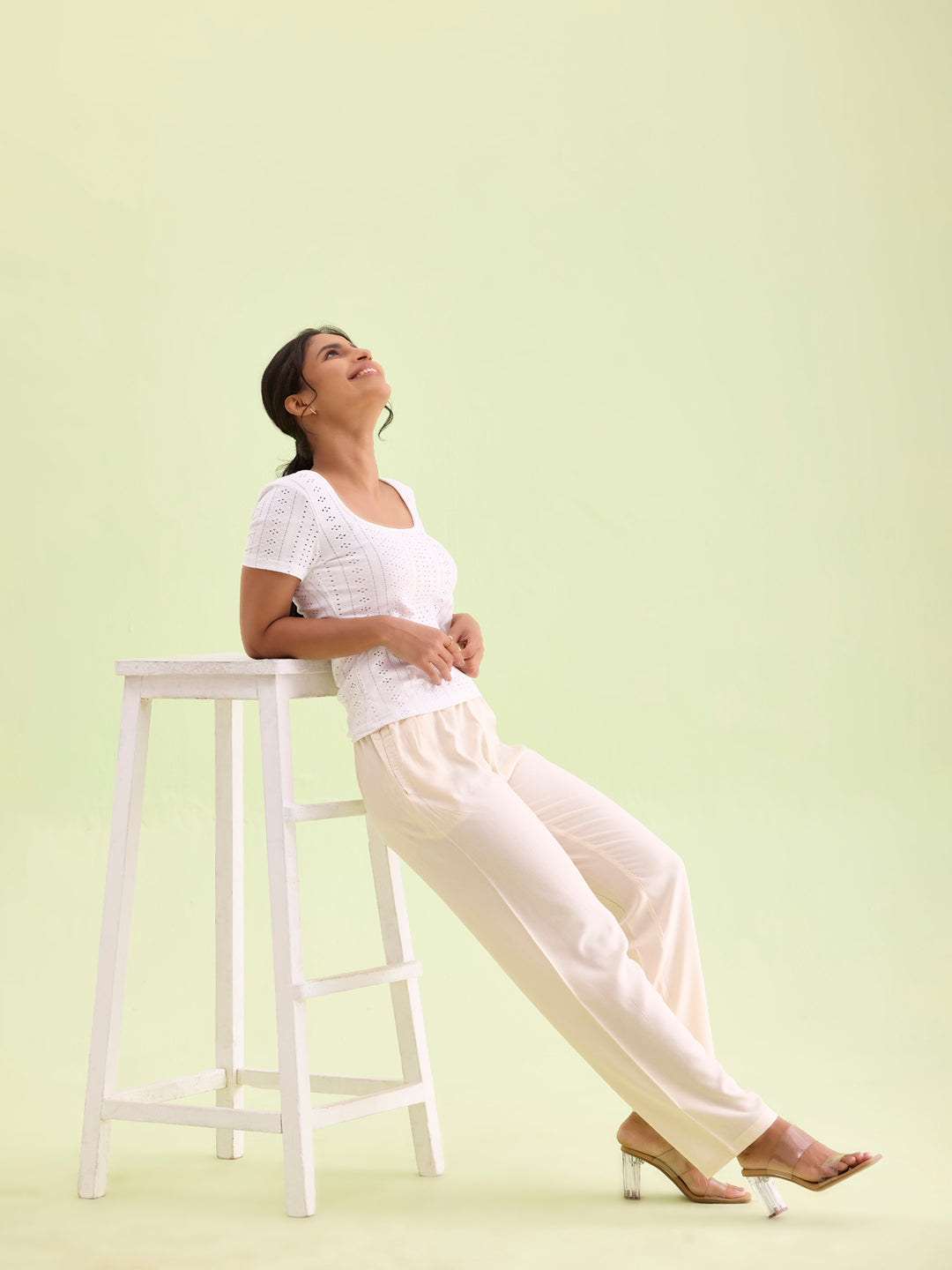 Ecru Woven Viscose Casual Pants