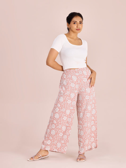 Medium Pink Woven Viscose Printed Palazzo