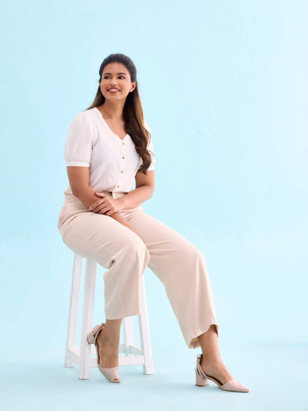 Beige Crepe Wide Trouser