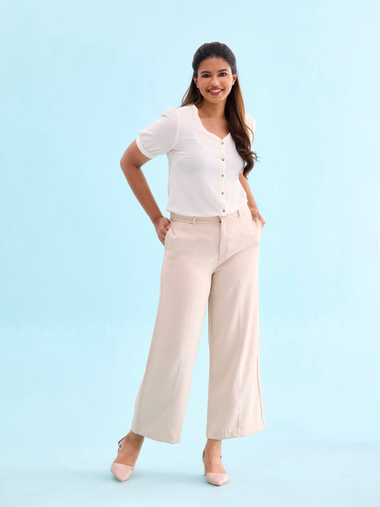 Beige Crepe Wide Trouser