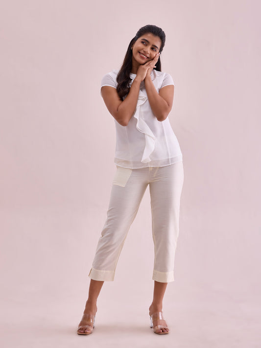 Cream Poly Modal Cropped Metallic Pants