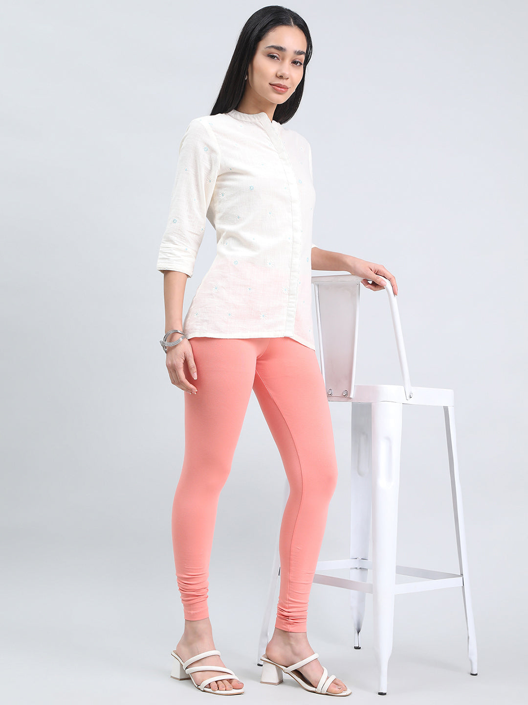 Peach Cotton Stretch Ankle Length Leggings