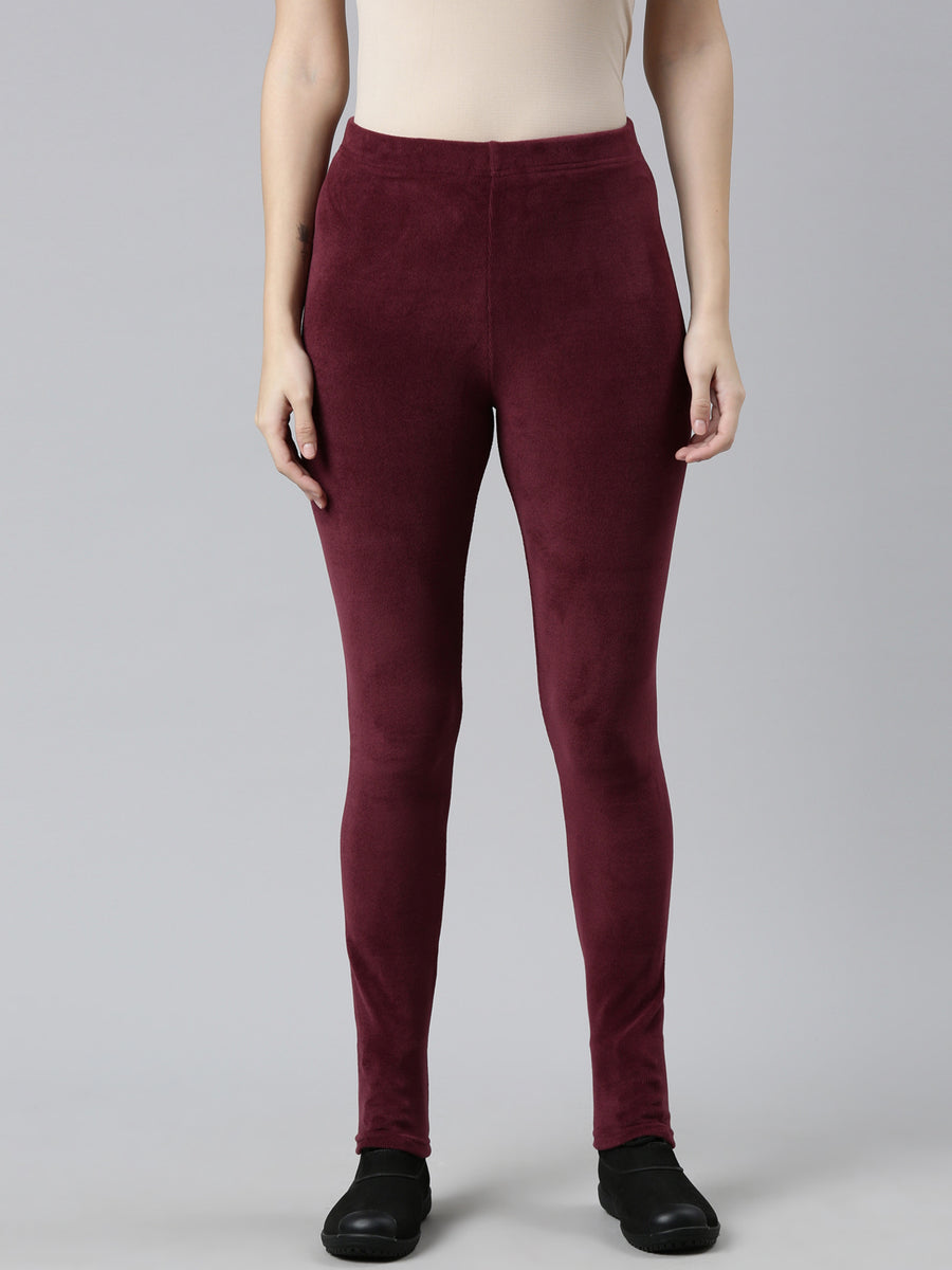 Women Solid Bright Maroon Ribbed Warm Leggings