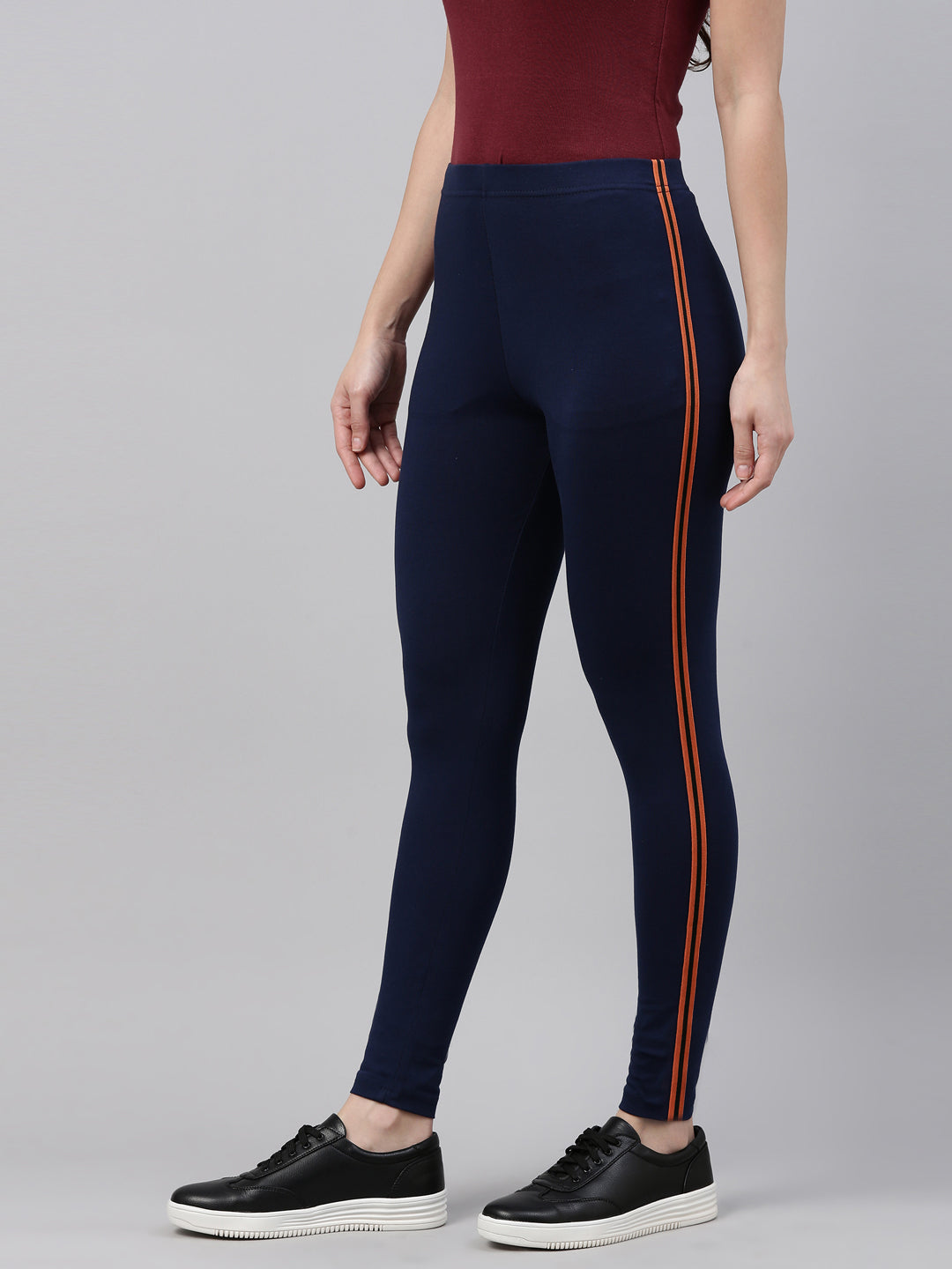 Women Navy Cotton Side Stripe Active Leggings Go Colors – Go