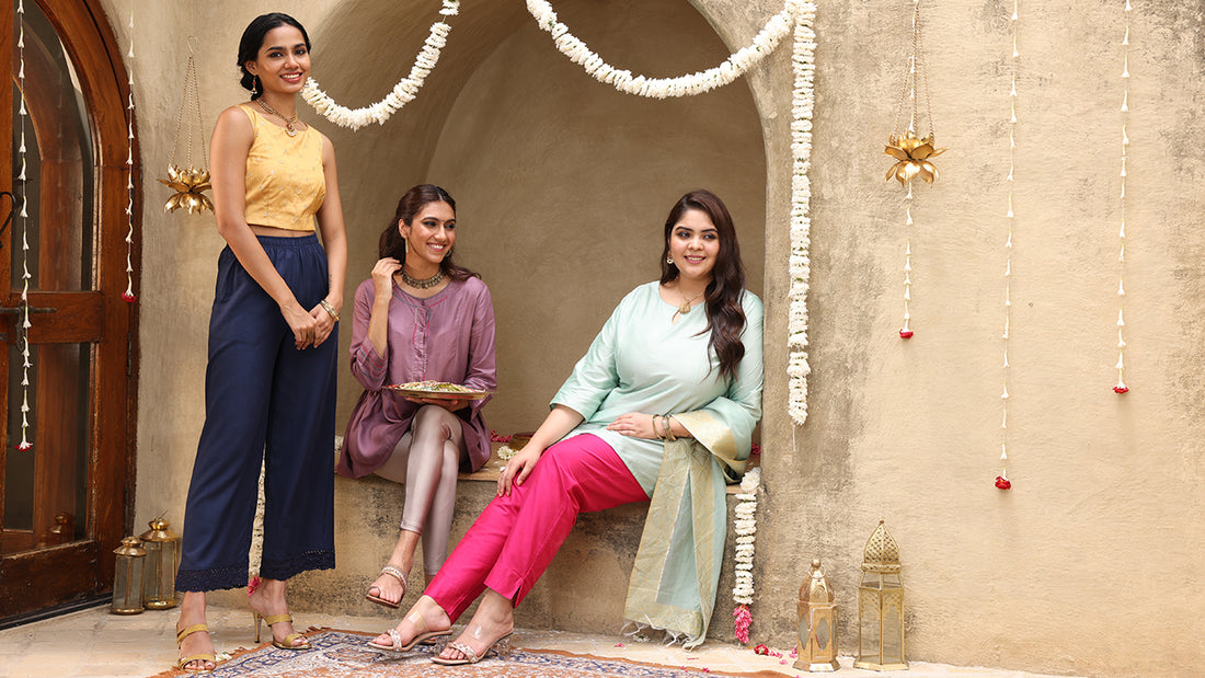 Image of three women dress in Go Colors Festive Wear Collection.