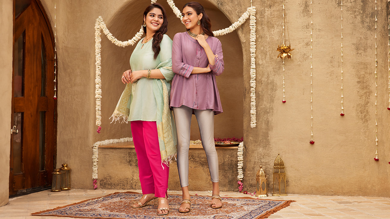 Image of women dressed in Go Colors Shimmer Leggings and Kurti Pants