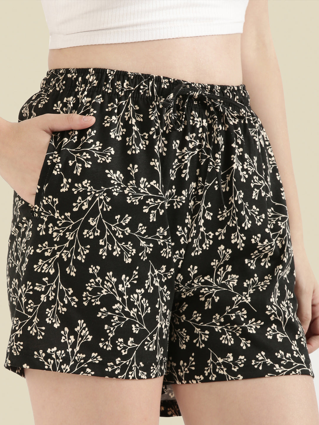 Black Cotton Knit Printed Lounge Shorts