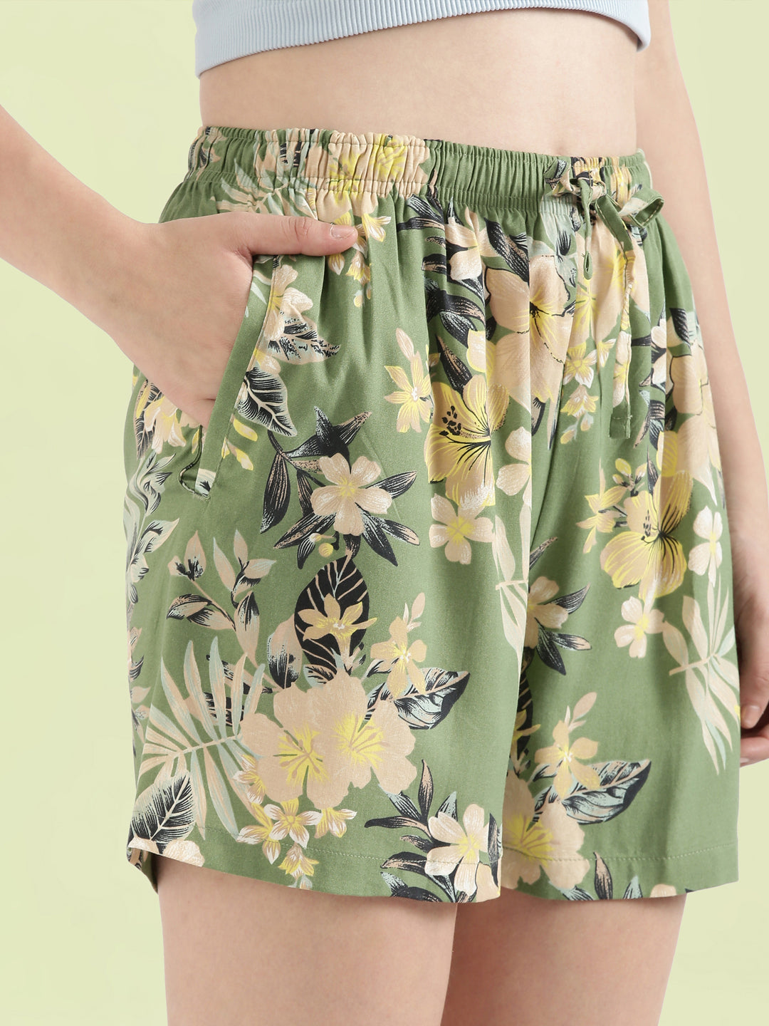 Green Woven Viscose Printed Lounge Shorts