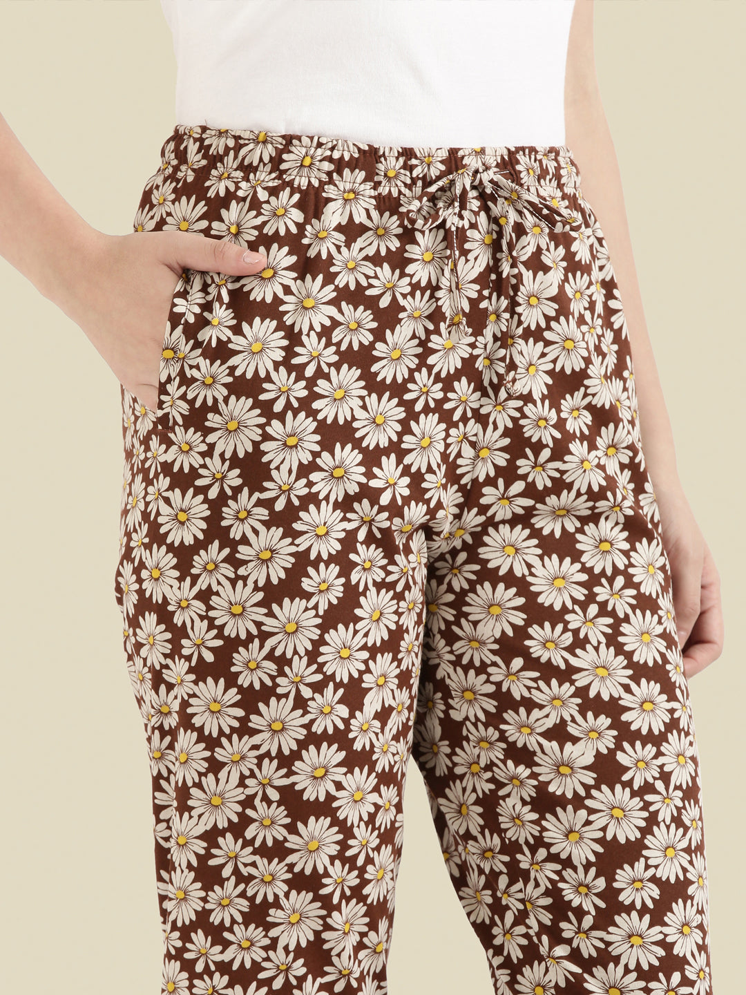 Brown Cotton Knit Printed Lounge Pants