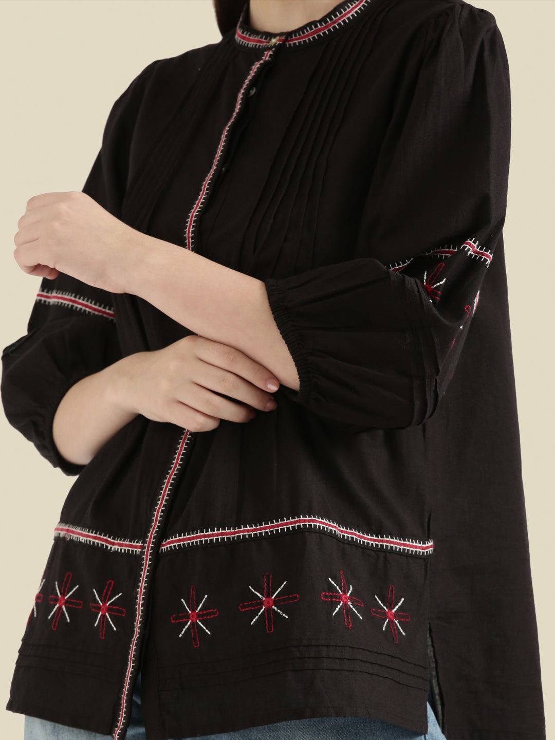 Cotton Embroidered Pintuck Blouse