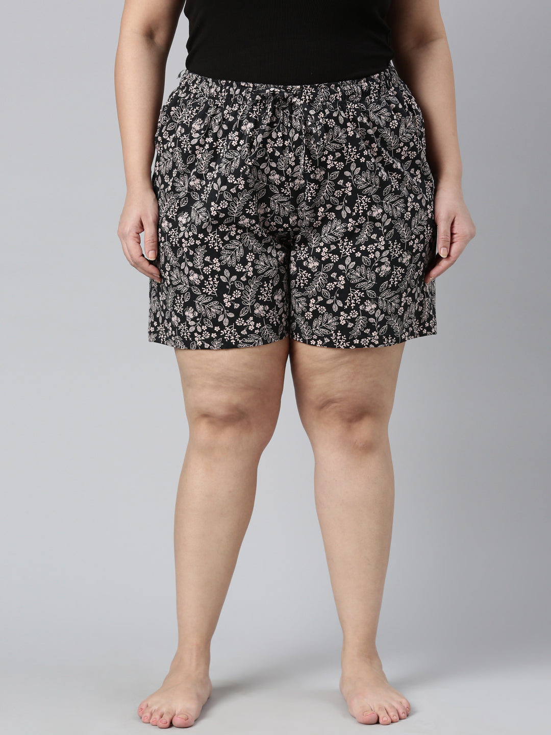 Black Cotton Knit Printed Lounge Shorts