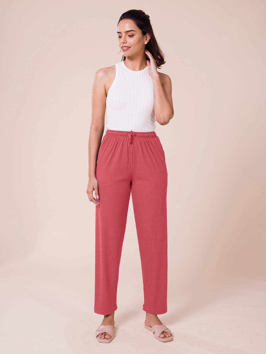 Rusty Pink Drop Needle Fabric Casual Rib Pant