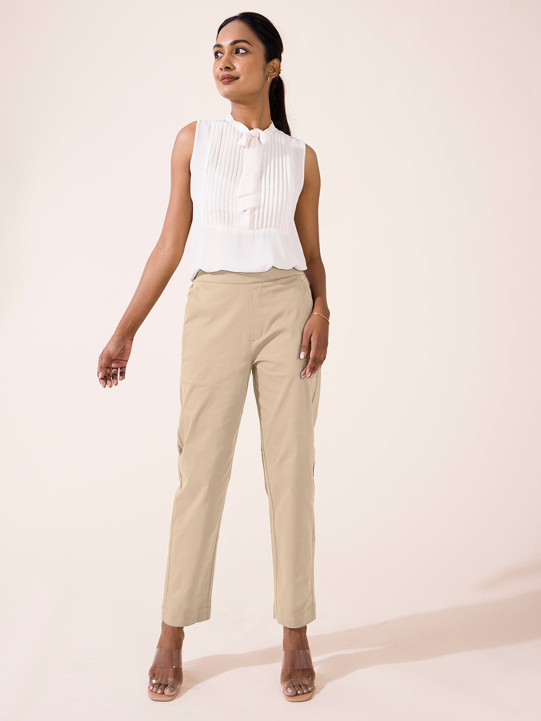 Buy Go Colors Women Light Beige Chinos Trousers online