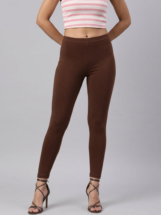 Dark Brown Cotton Stretch Ankle Length Leggings