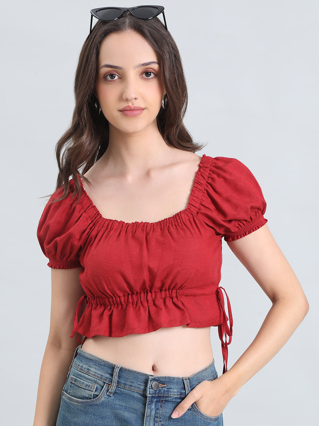 Linen Blend Square Neck Cropped Gathered Blouse