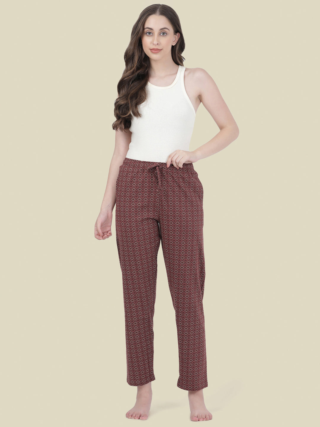 Brown Cotton Knit Printed Lounge Pants
