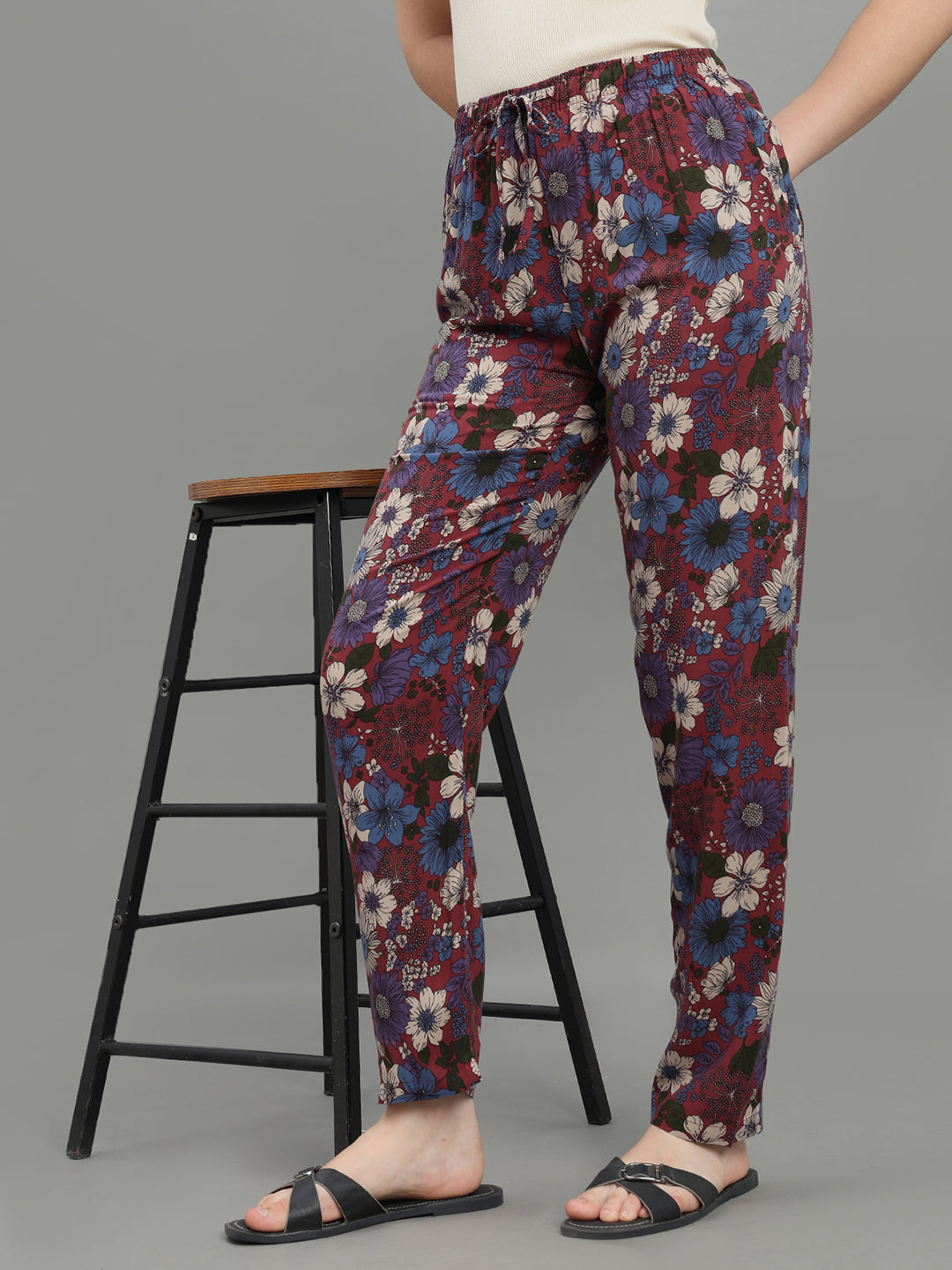 Maroon Woven Viscose Printed Lounge Pants