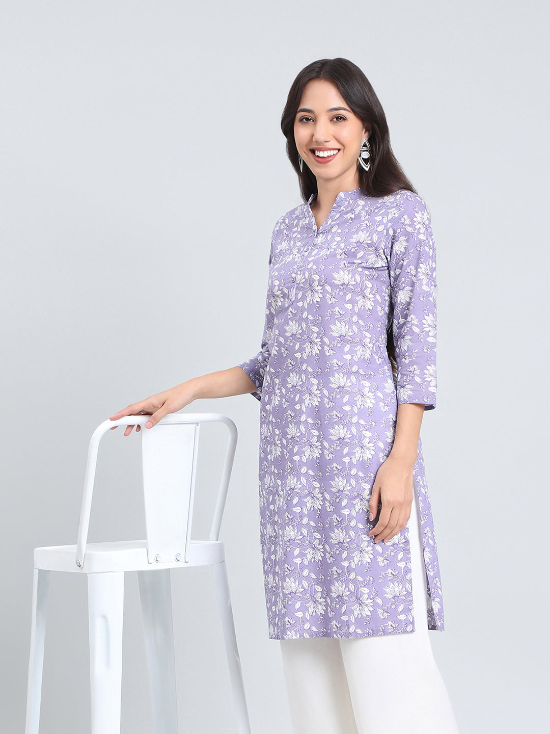 Cotton Floral Block Print Straight Kurta