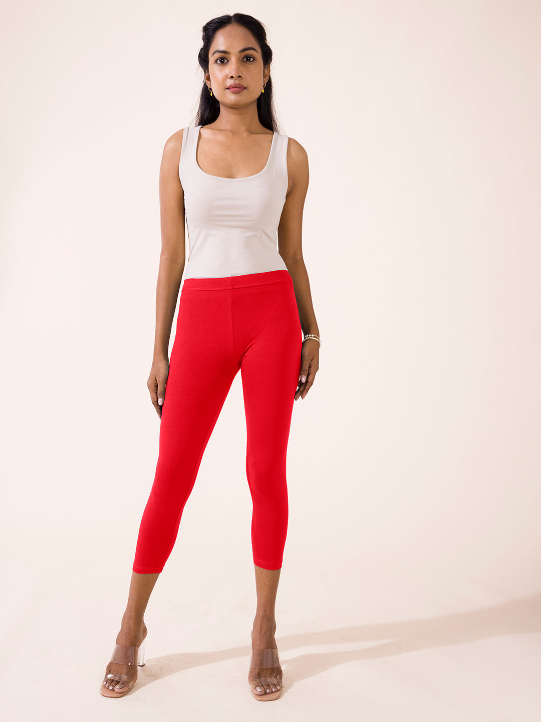 Women Solid Dark Red Cotton Cropped Leggings