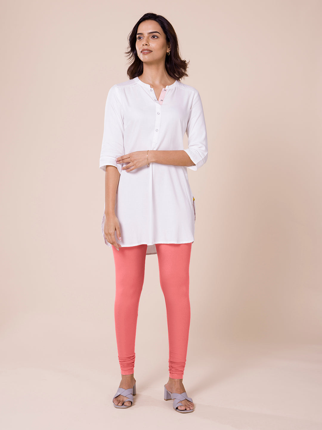 Women Dusty Pink Cotton Churidar Leggings