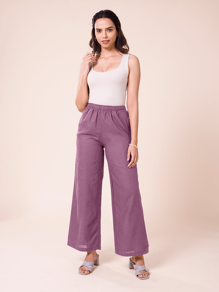 Women Lila Solid Linen Palazzos