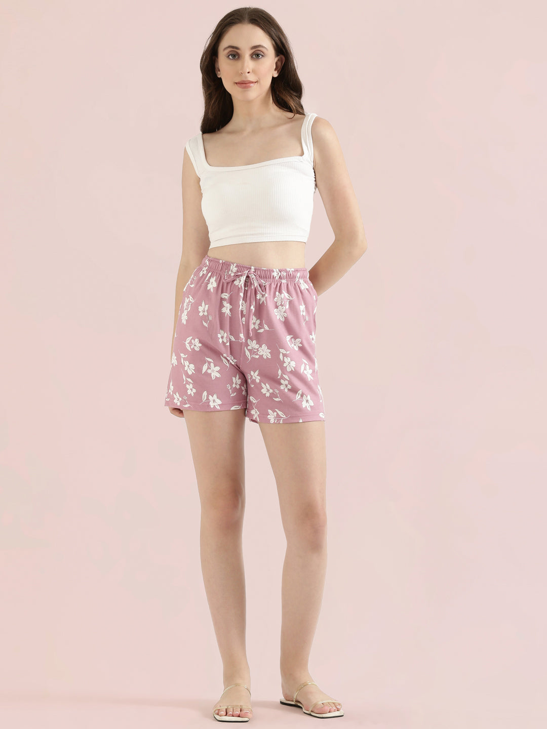 Medium Pink Cotton Knit Printed Lounge Shorts