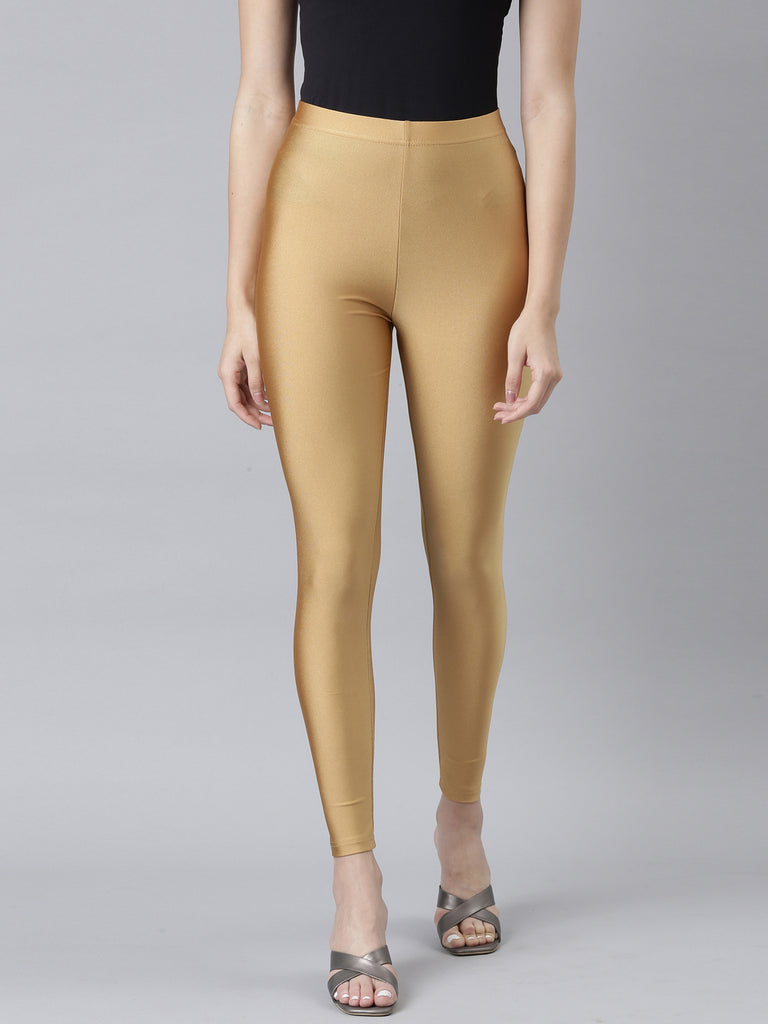 Women Solid Bright Gold Slim Fit Shimmer Leggings