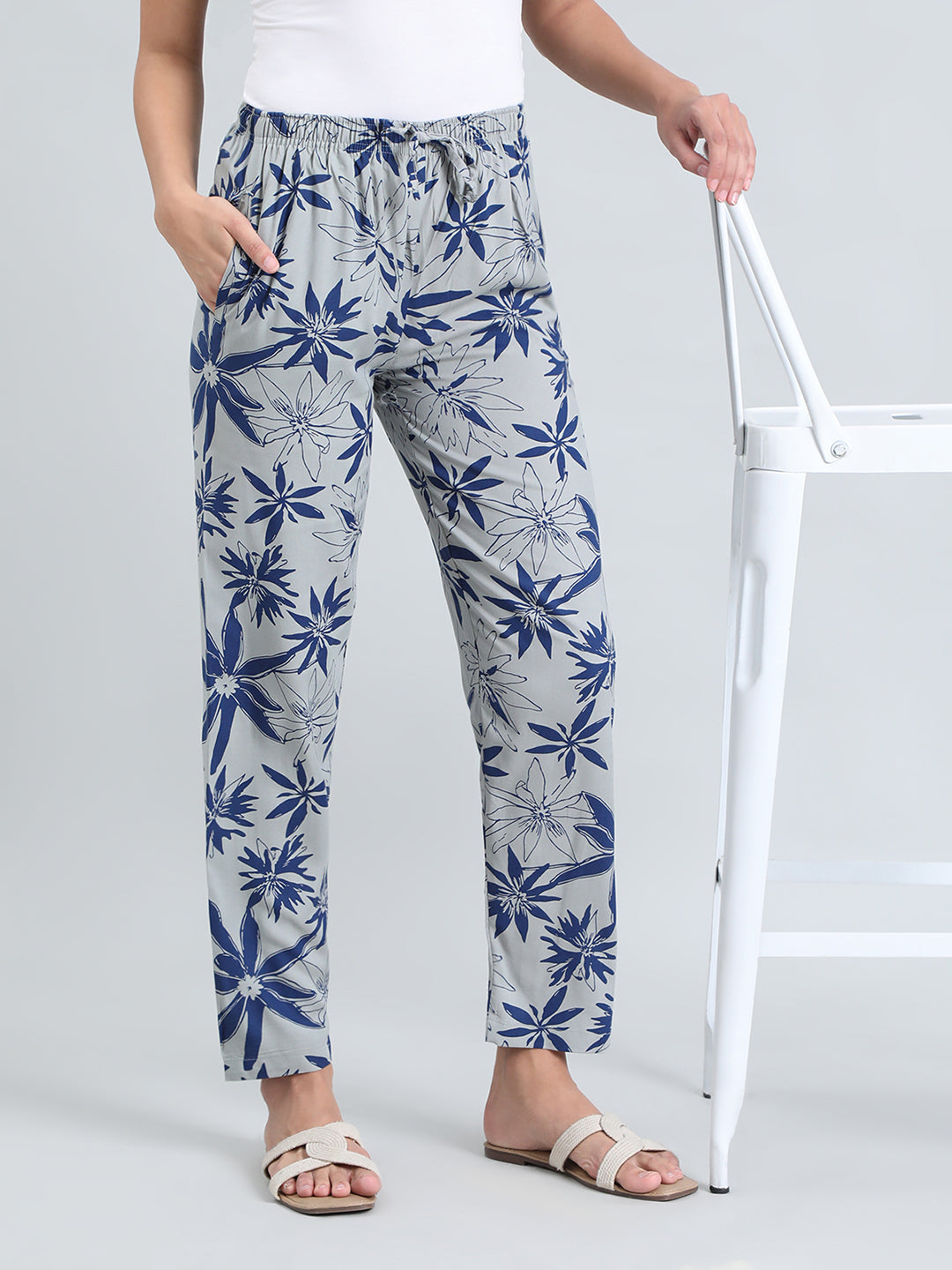 Grey Woven Viscose Printed Lounge Pants