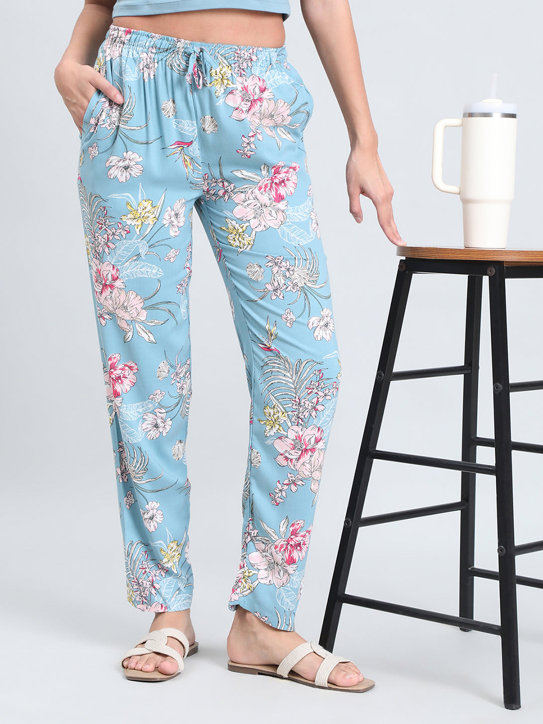 Blue Woven Viscose Printed Lounge Pants