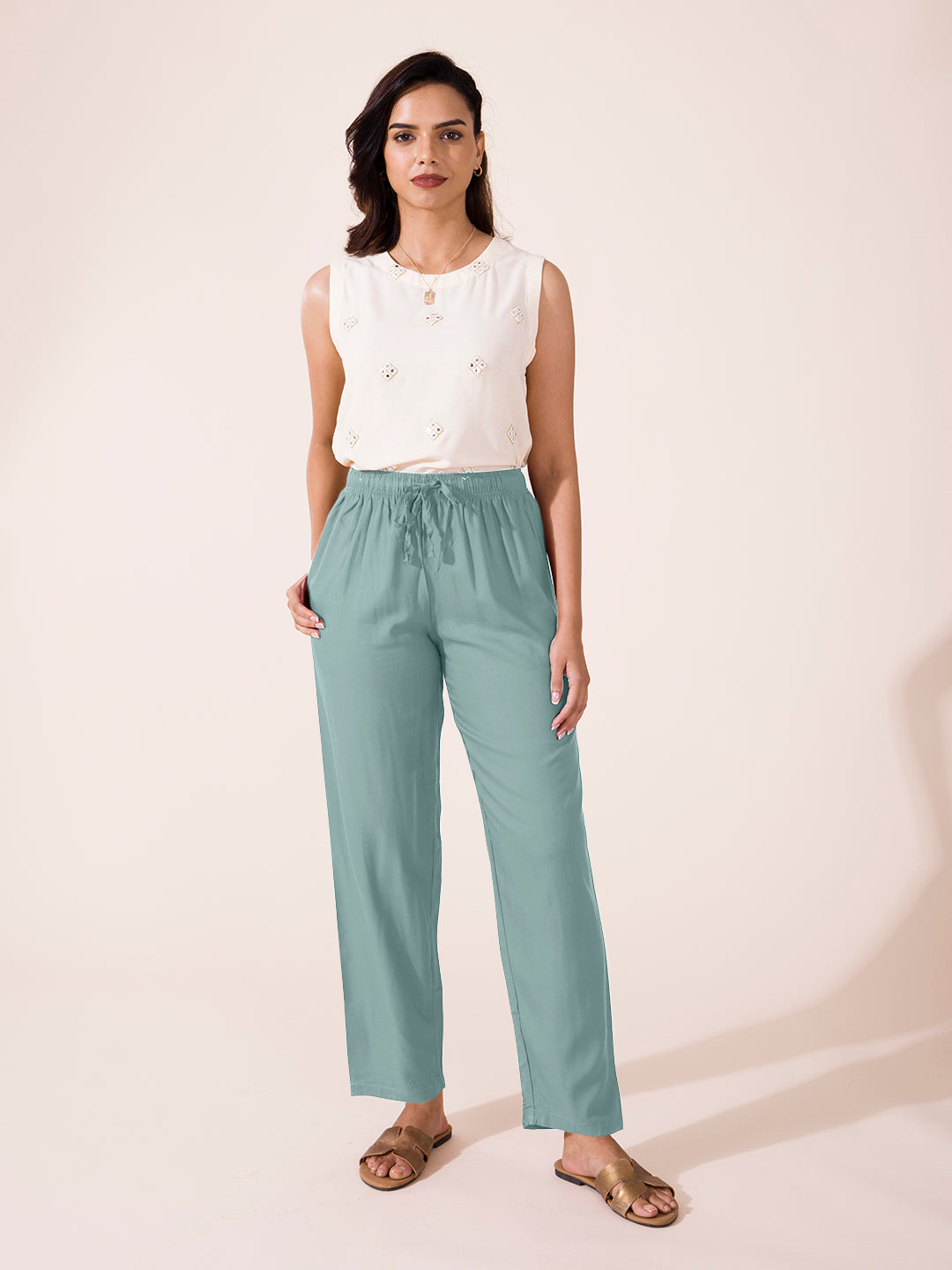 Ocean Green Woven Viscose Casual Pants