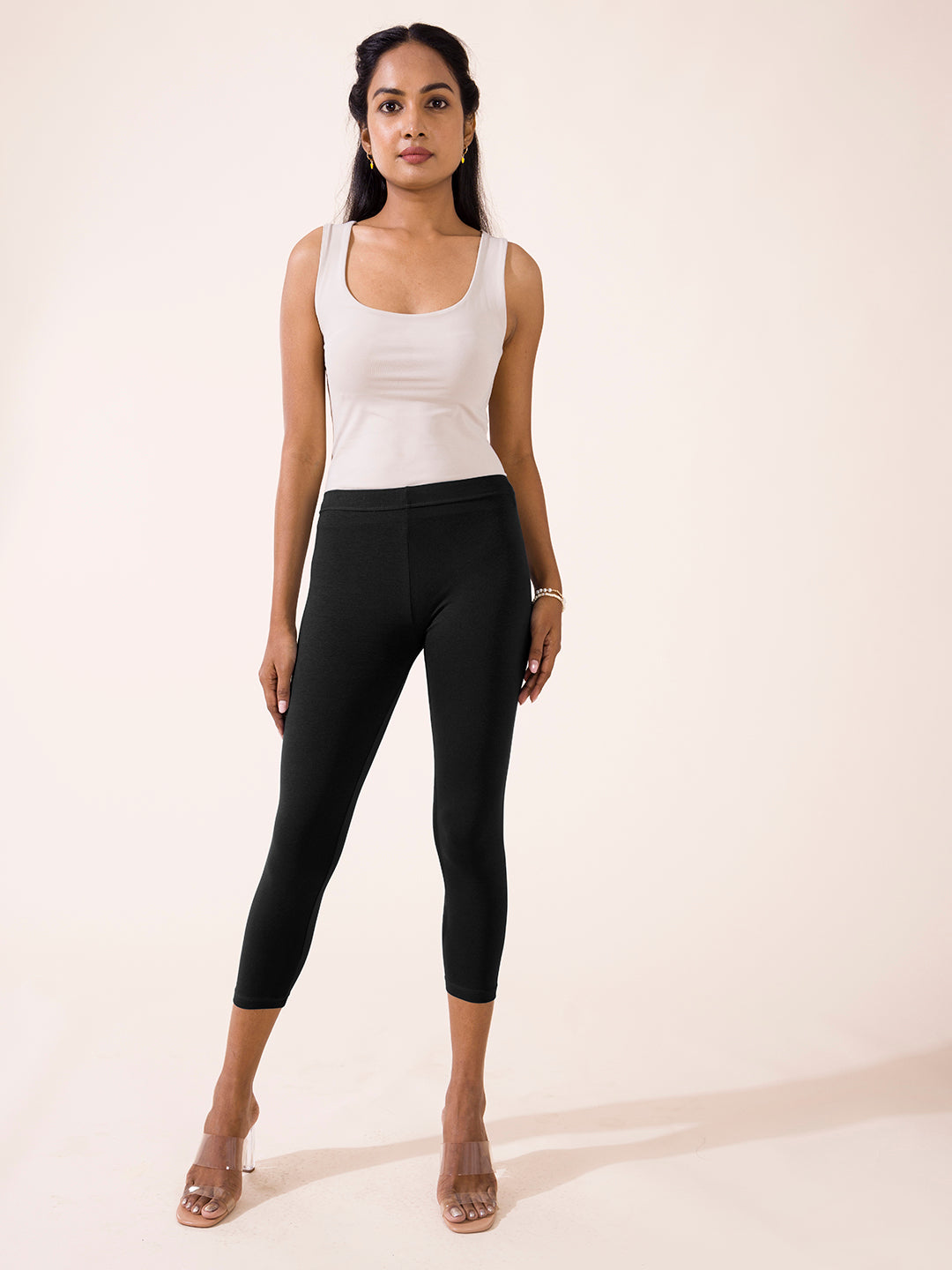 Black Crop Leggings with Pockets & Pink Piping