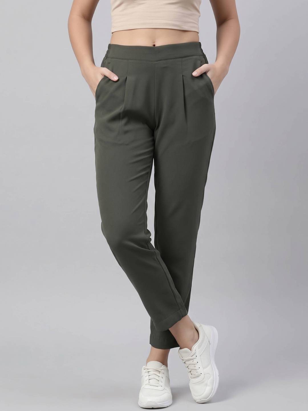 Olive Green Woven Cotton Stretch Formal Trouser