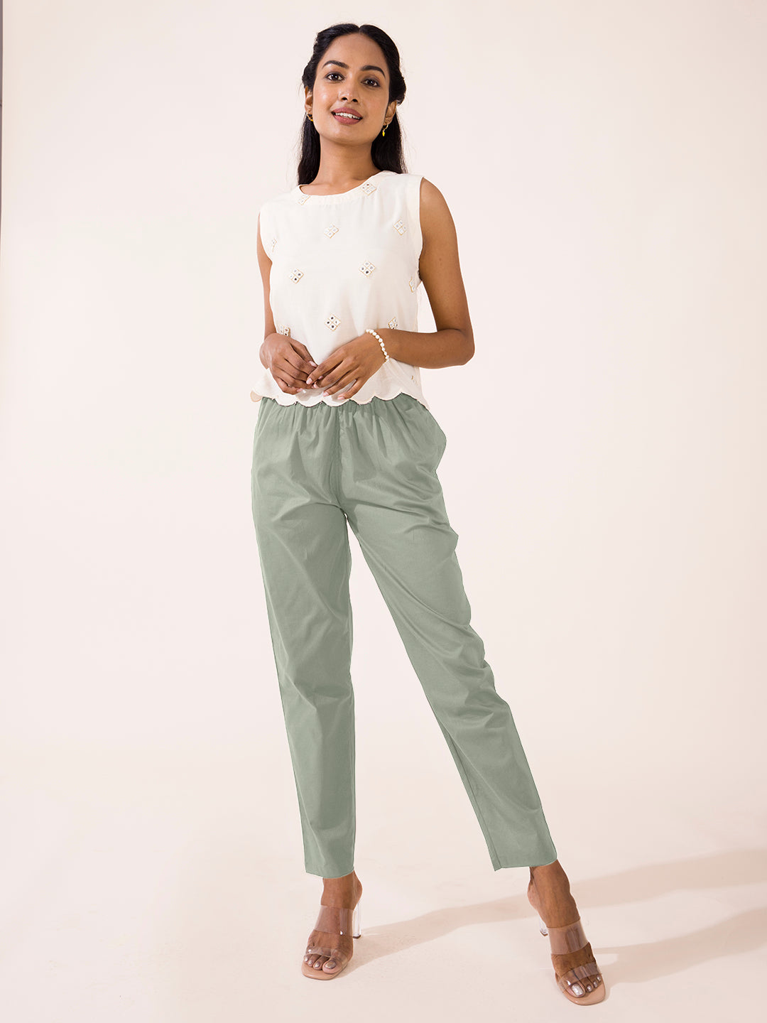 Skinny cargo trousers with buttons khaki green ladies' | Morgan