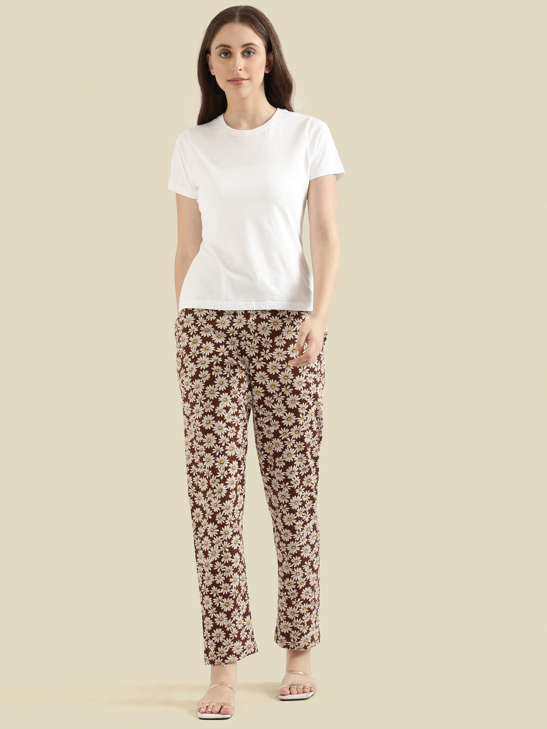 Brown Cotton Knit Printed Lounge Pants