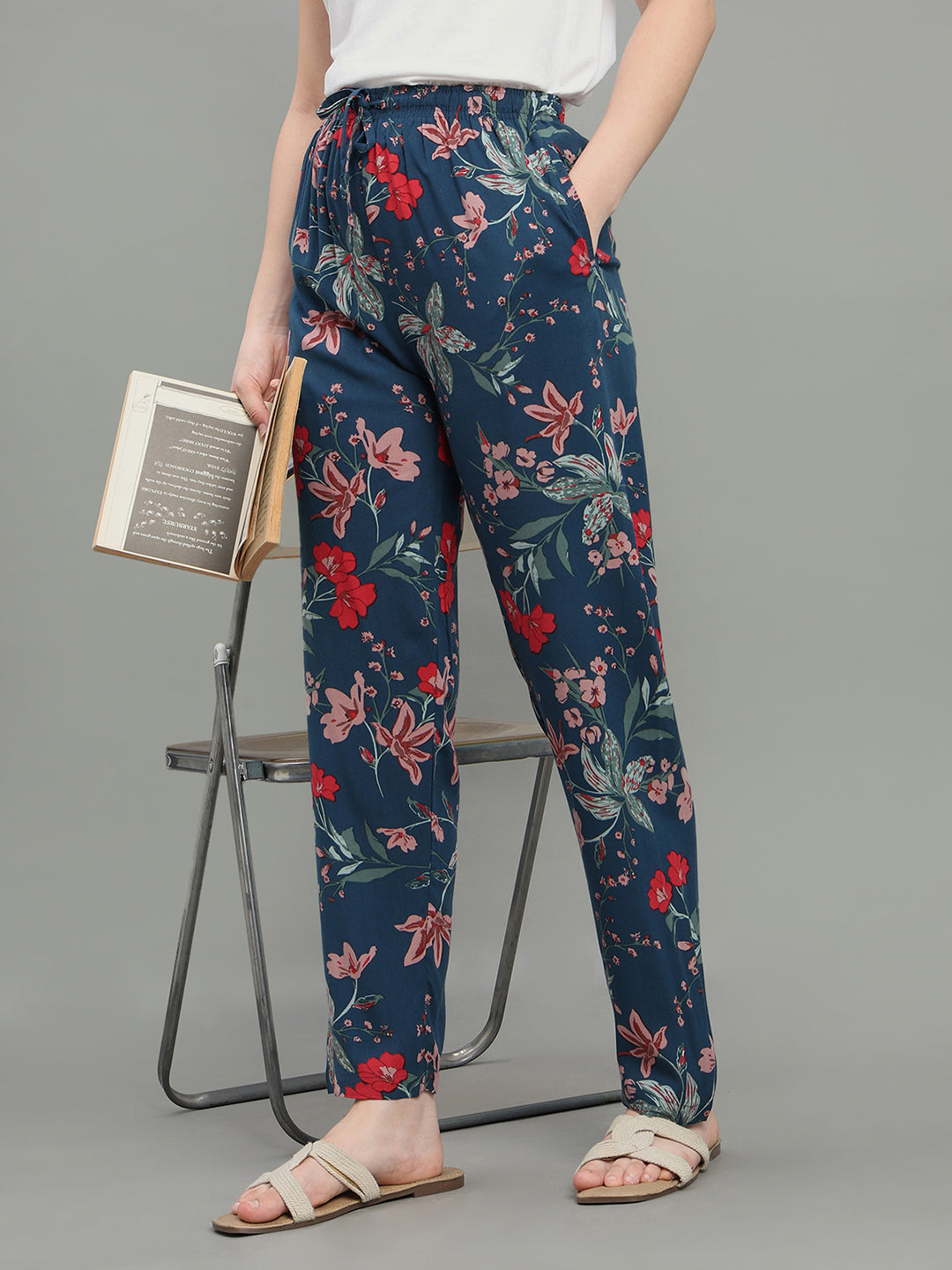 Navy Woven Viscose Printed Lounge Pants