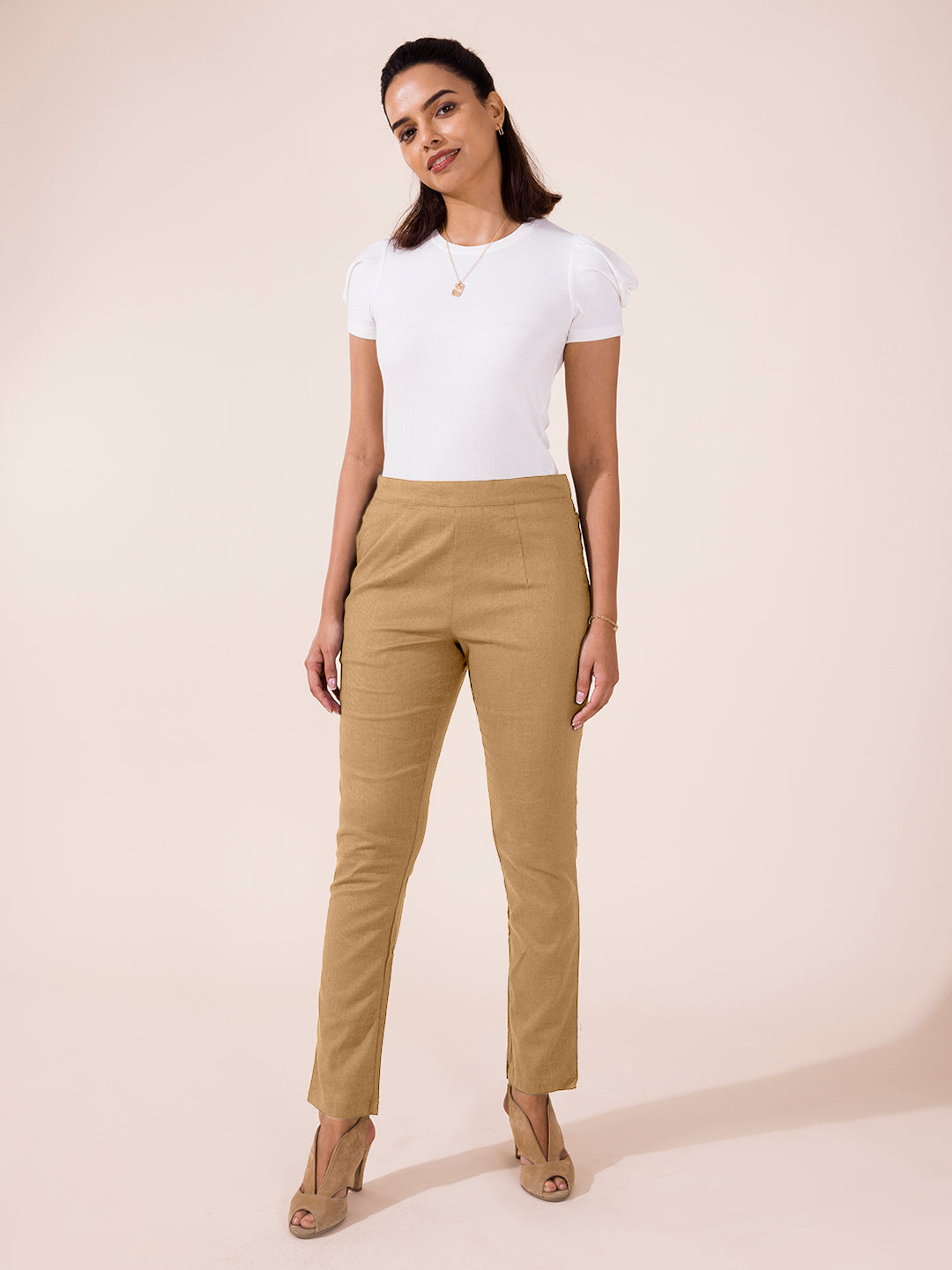 Monteri Light Brown Slim Fit Cotton Pants | BOJONI