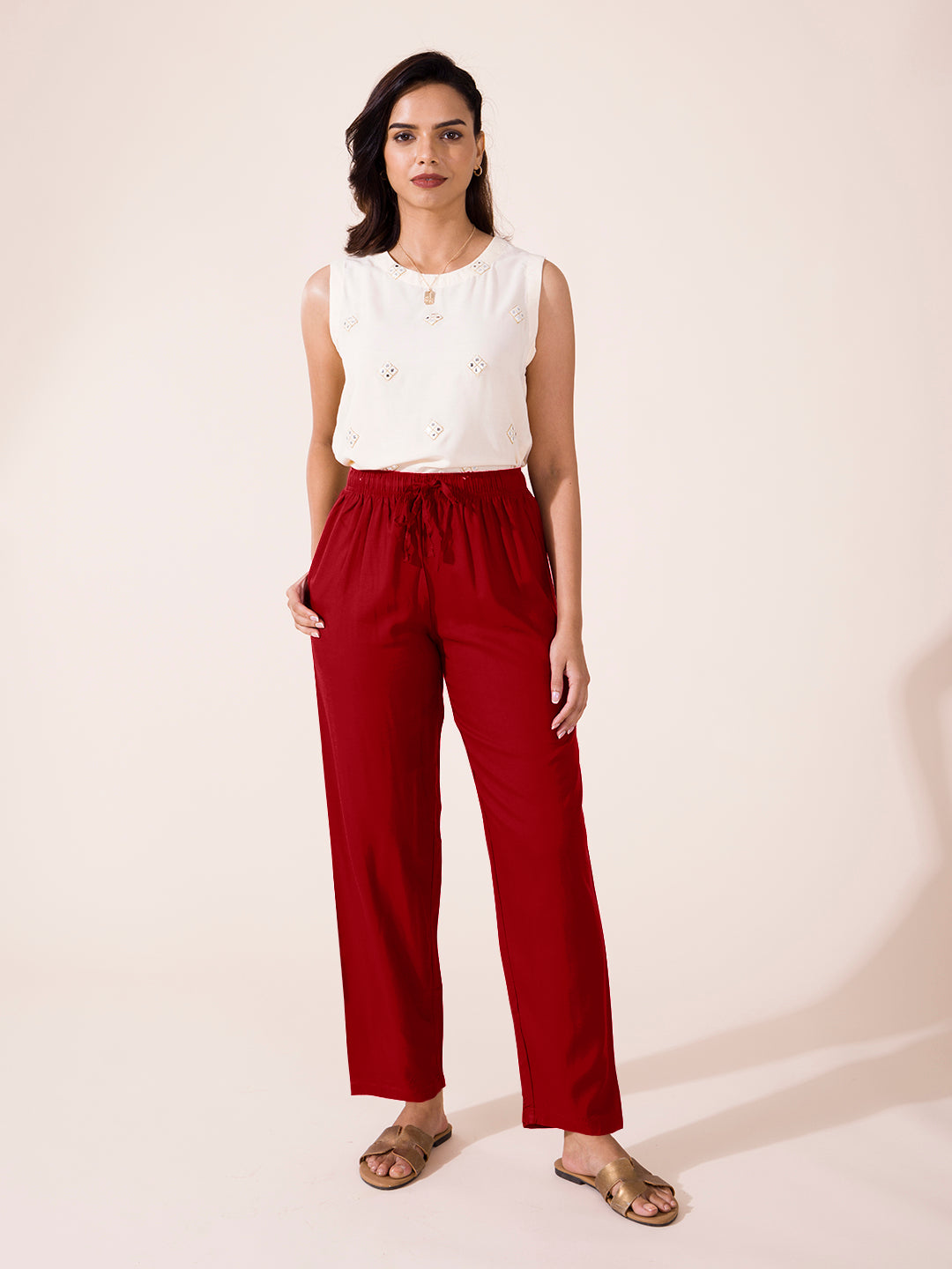 Buy GO COLORS Women Solid Dark Wine Stretch Ponte Pants at Amazon.in